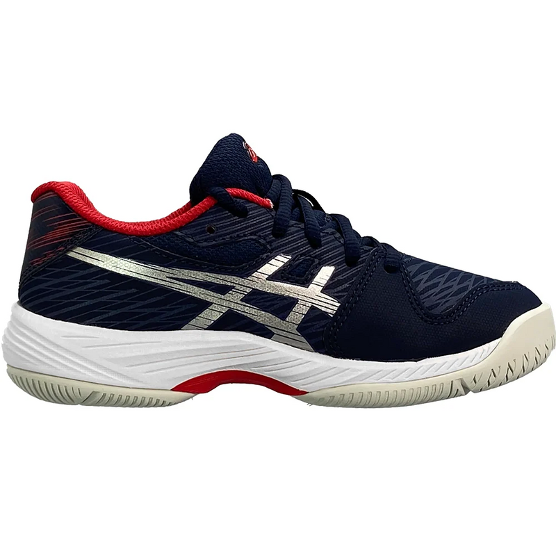 Chaussure de tennis ASICS GEL-GAME 9 GS pour enfants, avec amorti GEL™, semelle flexible et design sportif marine/rouge