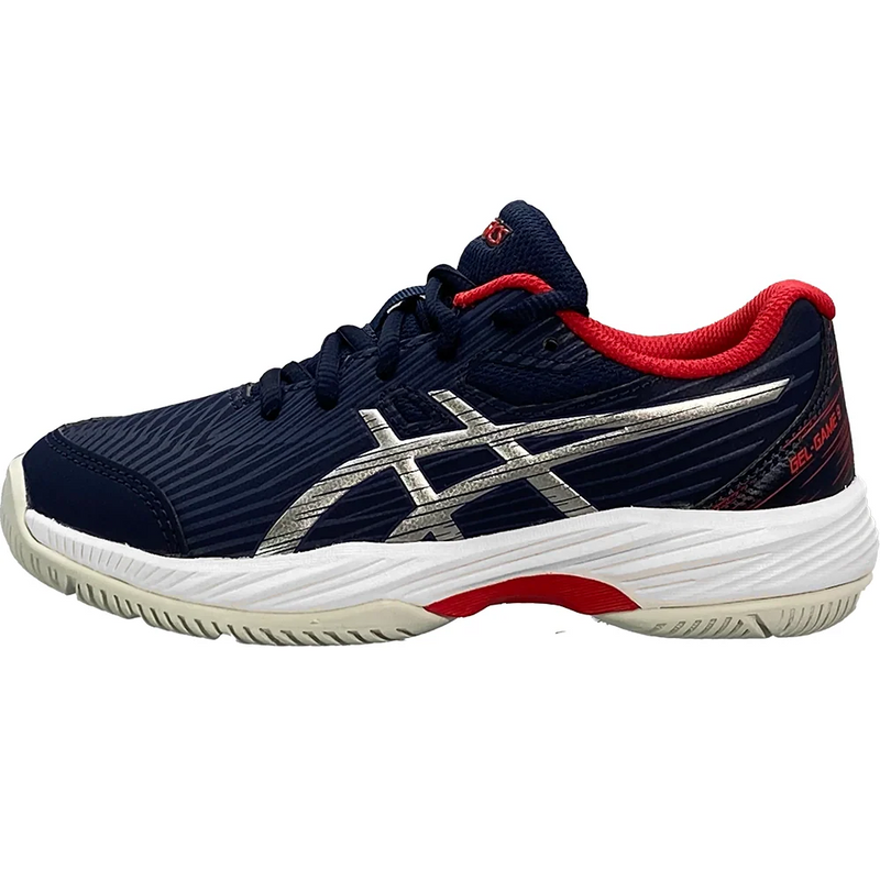 Chaussure de tennis ASICS GEL-GAME 9 GS pour enfants, avec amorti GEL™, semelle flexible et design sportif marine/rouge