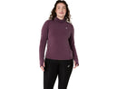 Chandail de course Asics NAGINO Run Winter LS pour femme avec tissu brossé à séchage rapide, col montant, panneaux en mesh respirants et passe-pouces, conçu pour la course par temps frais et hivernal.