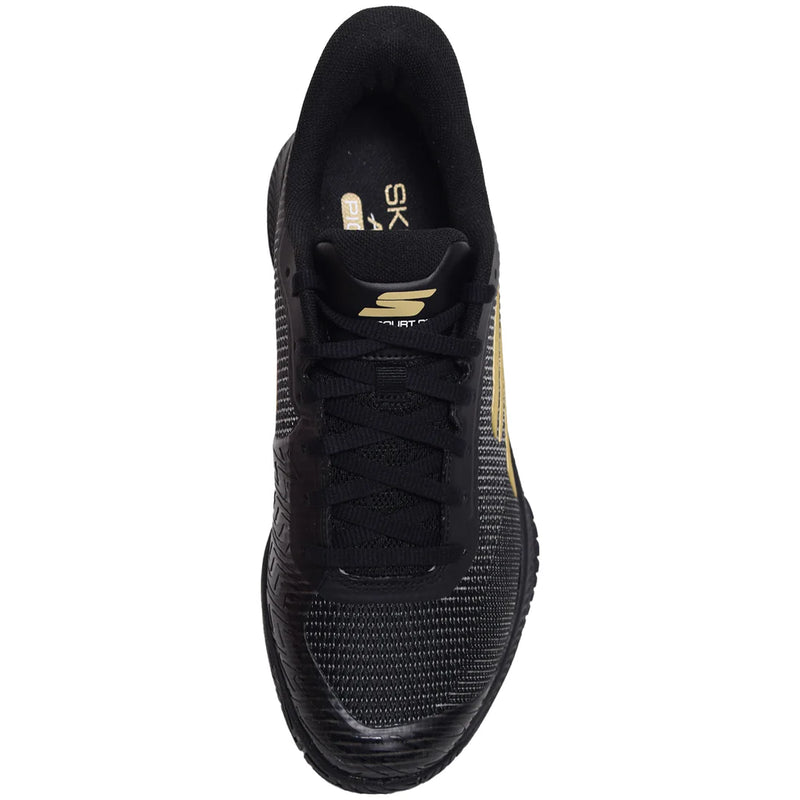 Chaussure de pickleball Skechers Viper Court Pro 2.0 noire avec semelle Goodyear® et tige respirante, conçue pour performance et confort.