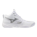 Chaussures de volleyball Mizuno Wave Momentum 4 Elite Mid avec technologie Mizuno Wave et amorti Enerzy pour stabilité, confort et performance sur terrain intérieur.