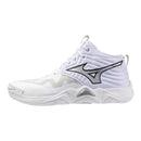 Chaussures de volleyball Mizuno Wave Momentum 4 Elite Mid avec technologie Mizuno Wave et amorti Enerzy pour stabilité, confort et performance sur terrain intérieur.