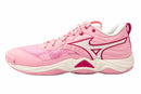 Chaussures de volleyball Mizuno Wave Momentum Elite blanches et corail offrant stabilité, amorti et adhérence sur le terrain
