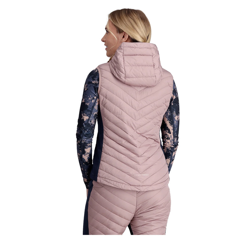 Veste sans manches Kari Traa Eva – coupe féminine, capuchon, panneaux stretch, isolation duvet, couleur foncée.