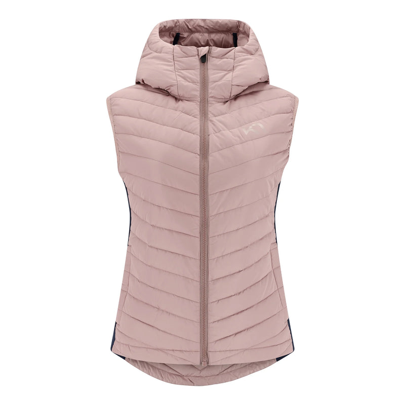 Veste sans manches Kari Traa Eva – coupe féminine, capuchon, panneaux stretch, isolation duvet, couleur foncée.