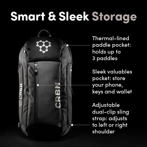 Sac CRBN Pro Team Sling Bag noir – compartiment thermique pour raquettes de pickleball, poches latérales isothermes, design ambidextre et imperméable.