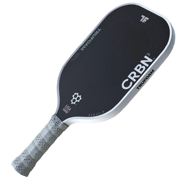 Raquette CRBN 4  TruFoam Genesis – surface carbone brute, cœur mousse TruFoam, forme hybride AeroCurve, pour pickleball de compétition.