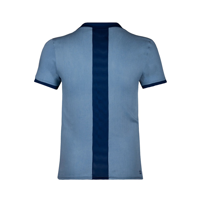 Polo de tennis BIDI BADU Mason Tech garçon, bleu denim et marine, sans bouton, coupe ajustée, col côtelé – collection limitée.