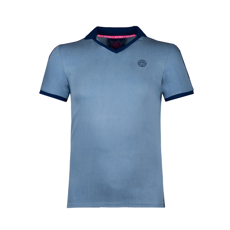 Polo de tennis BIDI BADU Mason Tech garçon, bleu denim et marine, sans bouton, coupe ajustée, col côtelé – collection limitée.
