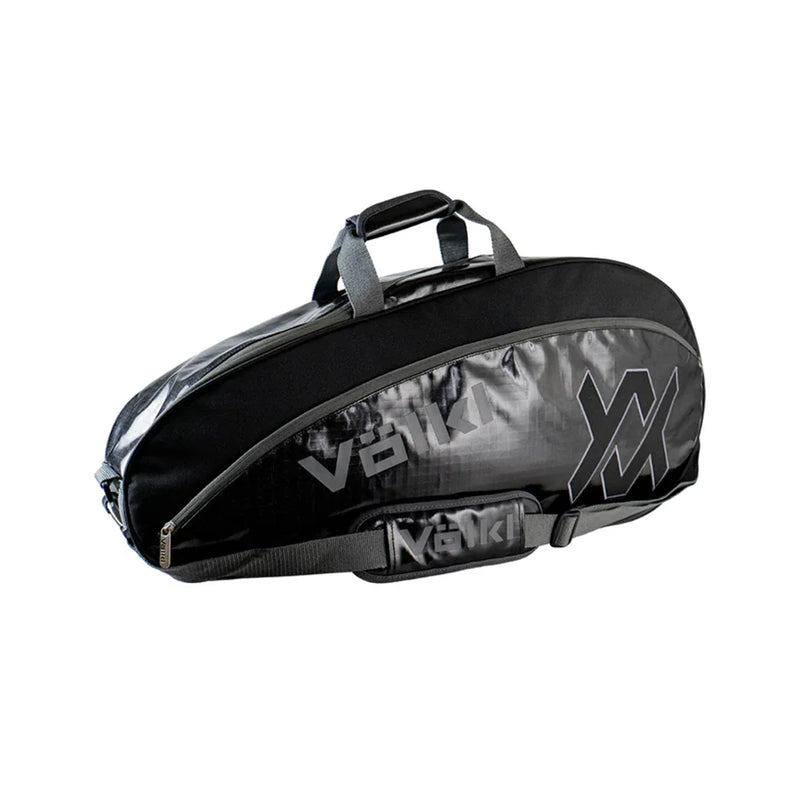 Sac de tennis Volkl PRIMO Pro noir et charbon, avec compartiments pour raquettes, accessoires et bouteilles. Capacité 3 raquettes, transport épaule.