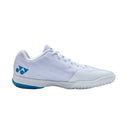 Chaussures de badminton Yonex AERUS Z blanc et bleu avec amorti POWER CUSHION+ et semelle Radial Blade pour adhérence intérieure.