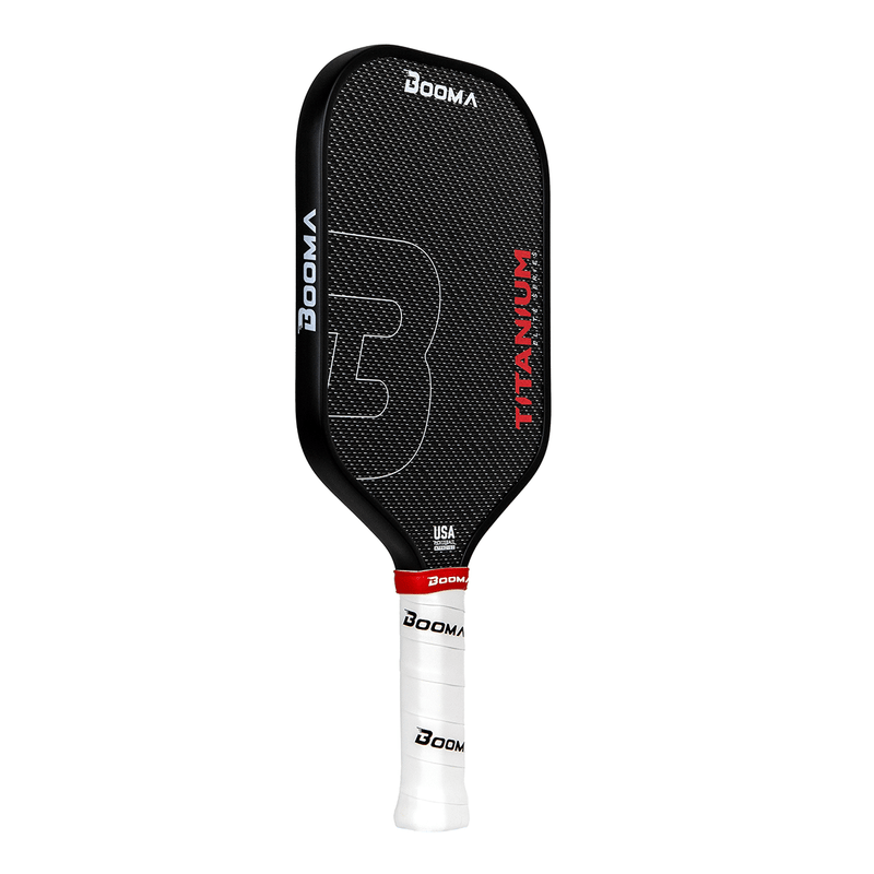 Raquette de pickleball BOOMA Titanium Series – allongée, surface titane, cœur 16 mm, poignée 5.25″, edge guard intégré, conçue pour joueurs avancés.