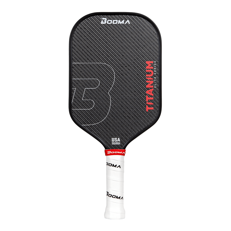 Raquette de pickleball BOOMA Titanium Series – allongée, surface titane, cœur 16 mm, poignée 5.25″, edge guard intégré, conçue pour joueurs avancés.