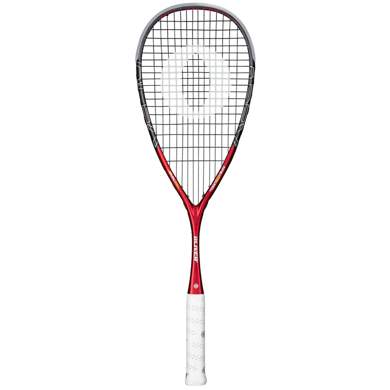 Raquette OLIVER APEX 520 CE – cadre noir et rouge, profil concave, cordée SQ-X9, idéale pour le squash offensif.