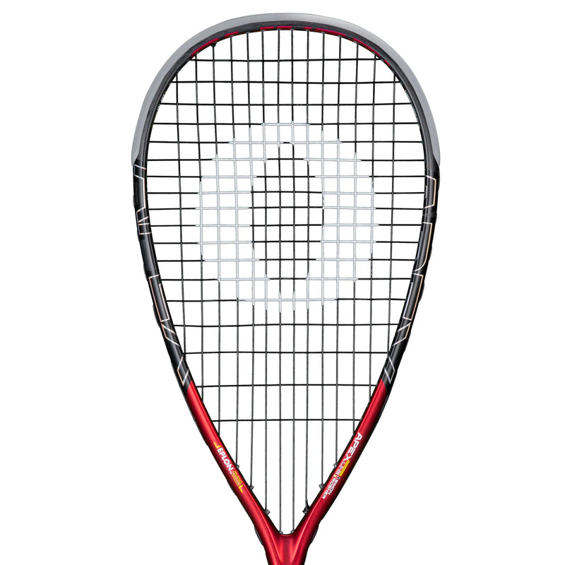 Raquette OLIVER APEX 520 CE – cadre noir et rouge, profil concave, cordée SQ-X9, idéale pour le squash offensif.