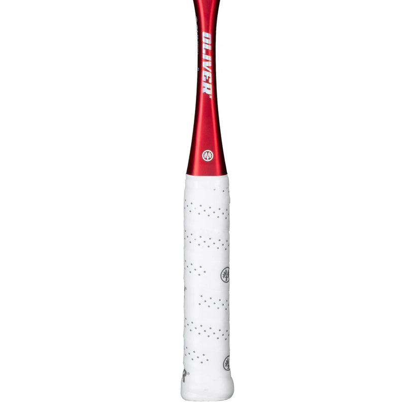 Raquette OLIVER APEX 520 CE – cadre noir et rouge, profil concave, cordée SQ-X9, idéale pour le squash offensif.